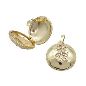 Copper Locket Pendant Pave Zircon Coin Circle Boy Gold Plated, approx 18mm [FN37633]
