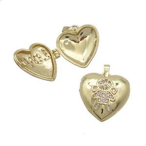 Copper Locket Pendant Pave Zircon Heart Girls Gold Plated, approx 18mm [FN37636]