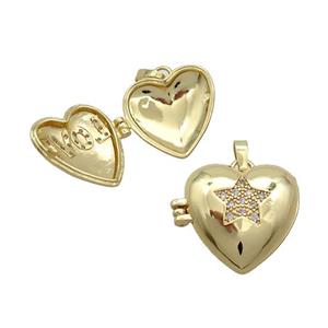 Copper Locket Pendant Pave Zircon Heart Star Gold Plated, approx 18mm [FN37637]