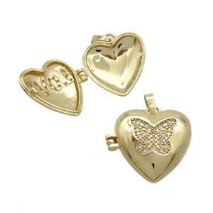 Copper Locket Pendant Pave Zircon Heart Butterfly Gold Plated, approx 18mm [FN37639]