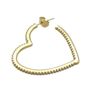 Copper Stud Earrings Pave Zircon Heart Gold Plated, approx 35mm [FN37647]