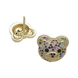 Copper Bear Stud Earrings Pave Zircon Gold Plated, approx 12-14mm [FN37683]