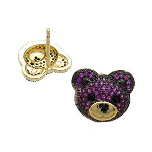 Copper Bear Stud Earrings Pave Fuchsia Zircon Gold Plated, approx 12-14mm [FN37686]