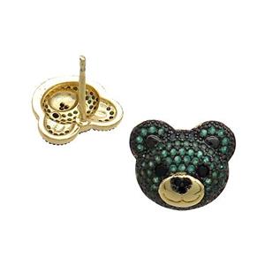 Copper Bear Stud Earrings Pave Green Zircon Gold Plated, approx 12-14mm [FN37687]