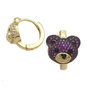 Copper Hoop Earrings Pave Fuchsia Zircon Bear Gold Plated, approx 10-12mm, 14mm dia [FN37693]