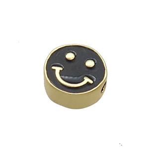Copper Emoji Beads Black Enamel Happy Face Gold Plated, approx 10mm [FN37717]