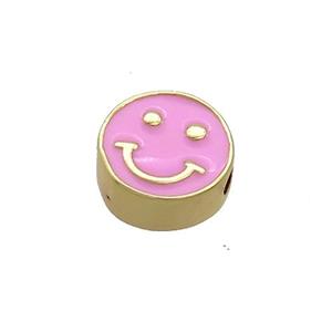 Copper Emoji Beads Pink Enamel Happy Face Gold Plated, approx 10mm [FN37718]