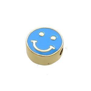Copper Emoji Beads Blue Enamel Happy Face Gold Plated, approx 10mm [FN37720]
