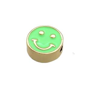 Copper Emoji Beads Green Enamel Happy Face Gold Plated, approx 10mm [FN37721]