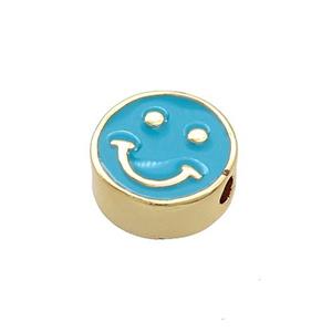 Copper Emoji Beads Teal Enamel Happy Face Gold Plated, approx 10mm [FN37722]