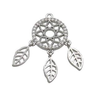 Copper Pendant Pave Zircon With Leaf Dream Catcher Platinum Plated, approx 5-10mm, 17mm [FN37738]