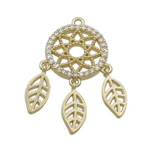Copper Pendant Pave Zircon With Leaf Dream Catcher Gold Plated, approx 5-10mm, 17mm [FN37739]