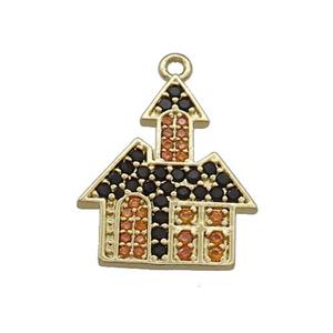 Copper Pendant Pave Black Orange Zircon Haunted House Halloween Charms Gold Plated, approx 15-18mm [FN37749]