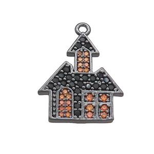 Copper Pendant Pave Black Orange Zircon Haunted House Halloween Charms Black Plated, approx 15-18mm [FN37750]