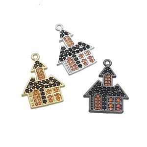 Copper Pendant Pave Black Orange Zircon Haunted House Halloween Charms Mixed, approx 15-18mm [FN37751]