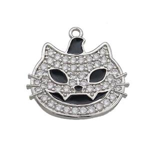 Copper Halloween Cat Charms Pendant Pave Zircon Black Enamel Platinum Plated, approx 17-20mm [FN37763]