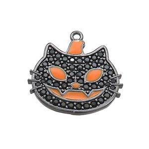 Copper Halloween Cat Charms Pendant Pave Zircon Orange Enamel Black Plated, approx 17-20mm [FN37767]