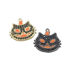 Copper Halloween Cat Charms Pendant Pave Zircon Orange Enamel Mixed, approx 17-20mm [FN37768]
