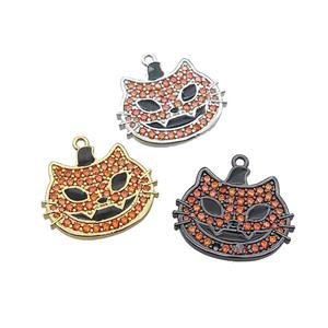 Copper Halloween Cat Charms Pendant Pave Orange Zircon Black Enamel Mixed, approx 17-20mm [FN37772]