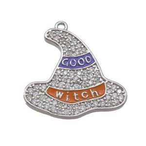 Copper Witch Hat Pendant Pave Zircon Enamel Halloween Charms Platinum Plated, approx 21mm [FN37779]