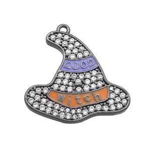 Copper Witch Hat Pendant Pave Zircon Enamel Halloween Charms Black Plated, approx 21mm [FN37781]