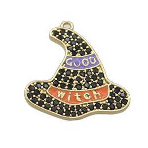 Copper Witch Hat Pendant Pave Black Zircon Enamel Halloween Charms Gold Plated, approx 21mm [FN37782]