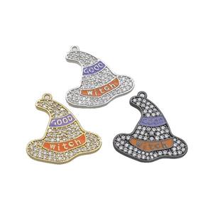 Copper Witch Hat Pendant Pave Zircon Enamel Halloween Charms Mixed, approx 21mm [FN37784]