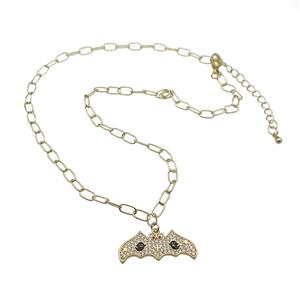 Copper Necklace With Halloween Bat Charms Pave Zircon Gold Plated, approx 12-28mm, 4-7mm, 40-45cm length [FN37786]