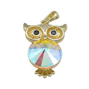 Copper Owl Charms Pendant Pave Crystal Glass Gold Plated, approx 16-22mm [FN37963]