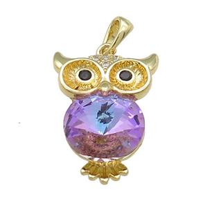 Copper Owl Charms Pendant Pave Crystal Glass Gold Plated, approx 16-22mm [FN37964]