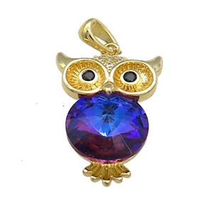 Copper Owl Charms Pendant Pave Crystal Glass Gold Plated, approx 16-22mm [FN37966]