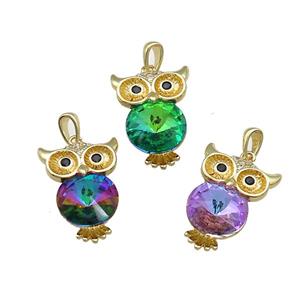 Copper Owl Charms Pendant Pave Crystal Glass Birds Gold Plated, approx 16-22mm [FN37970]