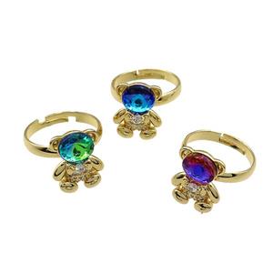 Copper Bear Rings Pave Zircon Crystal Glass Adjustable Gold Plated Mixed, approx 12-16.5mm, 18mm dia [FN38024]