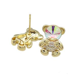 Copper Bear Stud Earrings Pave Zircon Crystal Glass Gold Plated, approx 12-16.5mm [FN38026]
