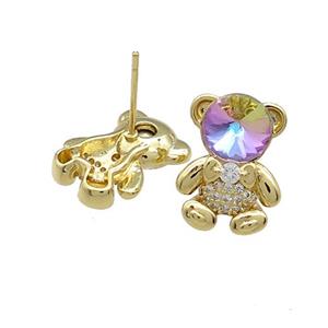 Copper Bear Stud Earrings Pave Zircon Crystal Glass Gold Plated, approx 12-16.5mm [FN38028]