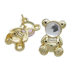 Copper Bear Stud Earrings Pave Zircon Crystal Glass Gold Plated, approx 13.5-20mm [FN38066]