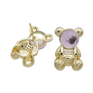 Copper Bear Stud Earrings Pave Zircon Crystal Glass Gold Plated, approx 13.5-20mm [FN38067]