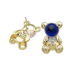Copper Bear Stud Earrings Pave Zircon Crystal Glass Gold Plated, approx 13.5-20mm [FN38068]