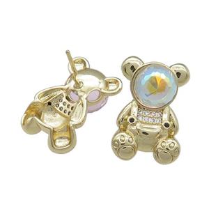 Copper Bear Stud Earrings Pave Zircon Crystal Glass Gold Plated, approx 13.5-20mm [FN38070]