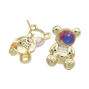 Copper Bear Stud Earrings Pave Zircon Crystal Glass Gold Plated, approx 13.5-20mm [FN38071]
