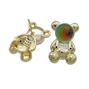 Copper Bear Stud Earrings Pave Zircon Crystal Glass Gold Plated, approx 13.5-20mm [FN38073]