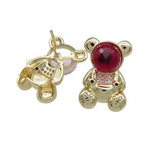 Copper Bear Stud Earrings Pave Zircon Crystal Glass Gold Plated, approx 13.5-20mm [FN38075]
