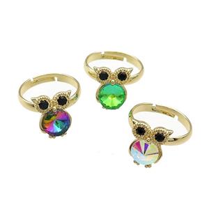 Copper Owl Rings Pave Crystal Glass Zircon Birds Adjustable Gold Plated Mixed, approx 10-14mm, 18mm dia [FN38137]