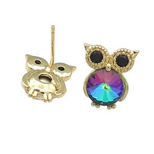 Copper Owl Stud Earrings Pave Crystal Glass Zircon Gold Plated, approx 10-14mm [FN38141]