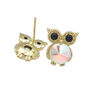 Copper Owl Stud Earrings Pave Crystal Glass Zircon Gold Plated, approx 10-14mm [FN38143]
