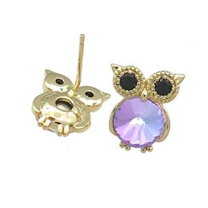 Copper Owl Stud Earrings Pave Crystal Glass Zircon Gold Plated, approx 10-14mm [FN38144]