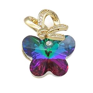 Rainbow Crystal Glass Butterfly Pendant Copper Pave Zircon Gold Plated, approx 18-25mm [FN38151]