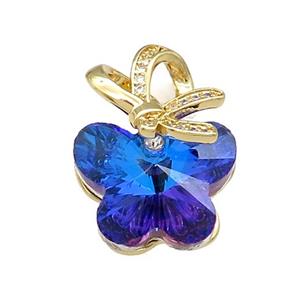 Blue Crystal Glass Butterfly Pendant Copper Pave Zircon Gold Plated, approx 18-25mm [FN38152]