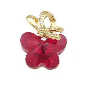 Red Crystal Glass Butterfly Pendant Copper Pave Zircon Gold Plated, approx 18-25mm [FN38155]