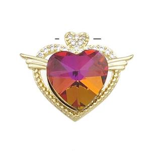 Copper Heart Pendant Pave Crystal Glass Zircon Angel Wings Gold Plated, approx 14mm, 21-25mm [FN38231]